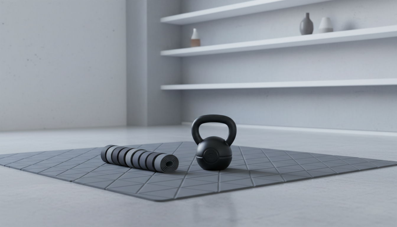 A selection of premium, monochromatic resistance bands and a heavy, matte black kettlebell neatly placed on a geometric grey workout mat, which lies atop a smooth concrete studio floor. An uncluttered, architectural backdrop features crisp horizontal shelving and neutral wall colors, imparting structure and order. Even, cool-toned overhead lighting produces soft, low-contrast shadows and subtle highlights, conveying a disciplined and methodical mood. Photographed from a slight diagonal angle, the composition applies asymmetrical balance with sharp focus, reflecting the clean, corporate photographic style fitting for a site addressing purposeful, confident aging through health and fitness.