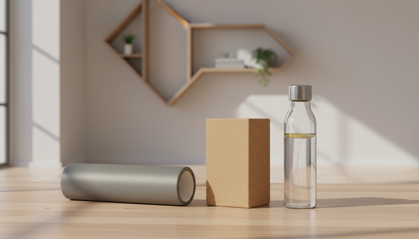 An array of minimalist health and fitness tools—such as a matte grey foam roller, a textured natural cork yoga block, and a translucent glass water bottle with a stainless steel cap—are artfully arranged on a smooth light oak plank surface. The setting is an airy, open studio with neutral walls, structured shelving, and sharply defined architectural lines. Soft, diffused daylight pours in through a large, unseen window, producing gentle highlights and soft-edged shadows that create a serene, balanced atmosphere. Captured from a slightly elevated angle for a clean, organized presentation, the composition emphasizes structure and space. Photographic realism and corporate minimalism echo the site’s professional, integrative health coaching focus.