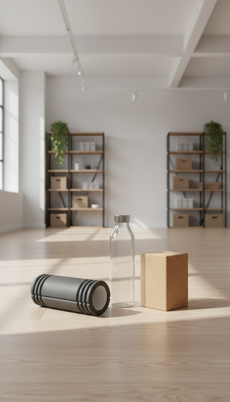 An array of minimalist health and fitness tools—such as a matte grey foam roller, a textured natural cork yoga block, and a translucent glass water bottle with a stainless steel cap—are artfully arranged on a smooth light oak plank surface. The setting is an airy, open studio with neutral walls, structured shelving, and sharply defined architectural lines. Soft, diffused daylight pours in through a large, unseen window, producing gentle highlights and soft-edged shadows that create a serene, balanced atmosphere. Captured from a slightly elevated angle for a clean, organized presentation, the composition emphasizes structure and space. Photographic realism and corporate minimalism echo the site’s professional, integrative health coaching focus.