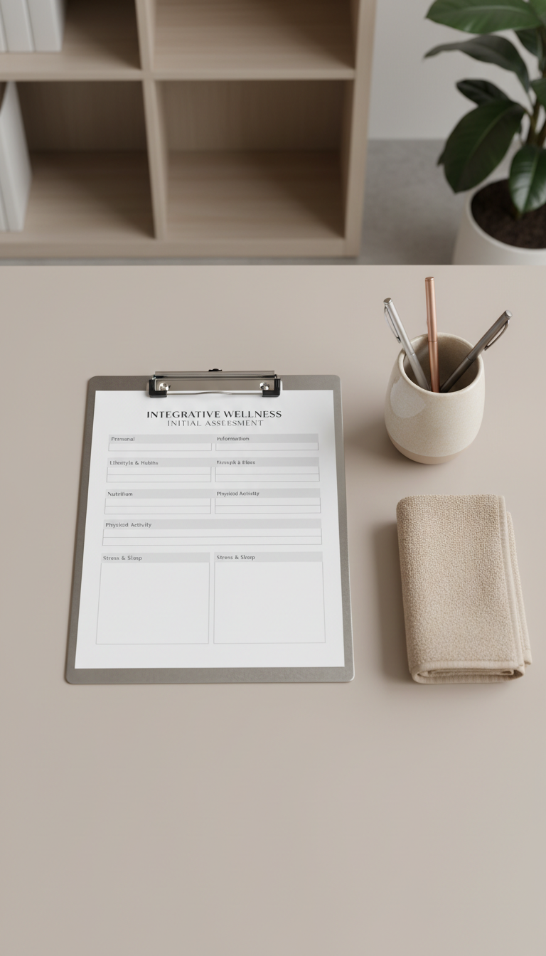 A close-up of a sleek, brushed aluminum clipboard with a clean, neatly organized health assessment form resting on a smooth, pale taupe desktop. Next to the clipboard is a polished, neutral-toned ceramic pen holder housing metallic pens, and a neatly folded oatmeal-colored microfiber towel. The surrounding space is uncluttered, with blurred hints of a structured bookcase and subtle plant on the far edge. Consistent, soft studio lighting casts balanced highlights and muted shadows for a calm and professional mood. Photographed from a directly overhead, bird’s eye view, the composition is centered and symmetrical, reinforcing a sense of corporate order and focus on integrative wellness.