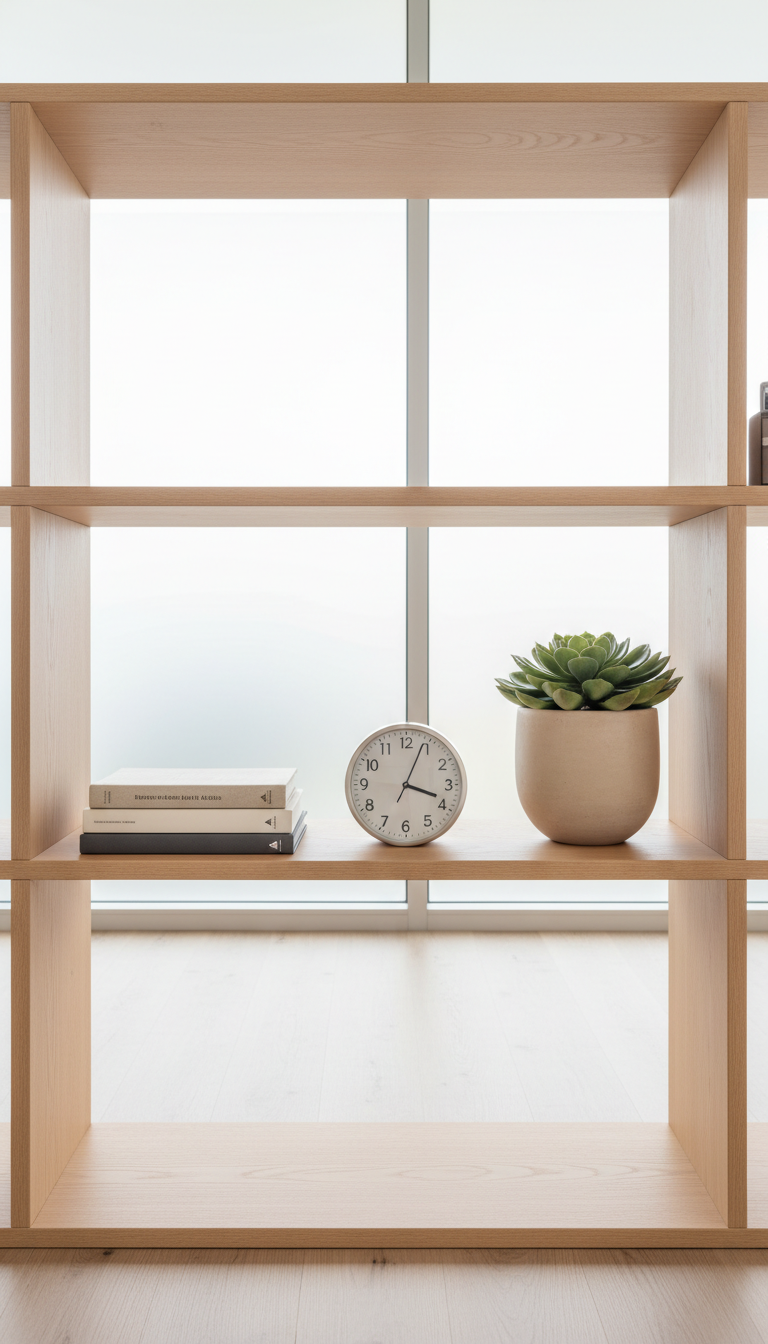 A neat arrangement of integrative health resources—a stack of slim, clothbound books with neutral beige and grey covers, a polished stainless steel analog clock, and a smooth, sand-colored ceramic planter featuring a sculptural green succulent. These items rest on a structured, open shelving unit of light maple wood within a tidy office space. Subtle daylight from a wall of frosted windows softly illuminates the scene, highlighting crisp edges and creating a calm, balanced atmosphere. Captured from a medium-height, straight-on viewpoint, compositional balance is achieved with the rule of thirds. The minimalist yet corporate look is perfect for a health coaching business seeking a professional, reassuring tone.